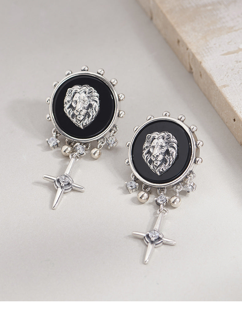 925 Sterling Silver Lion Head Black Onyx Tassel Earrings - Unisex