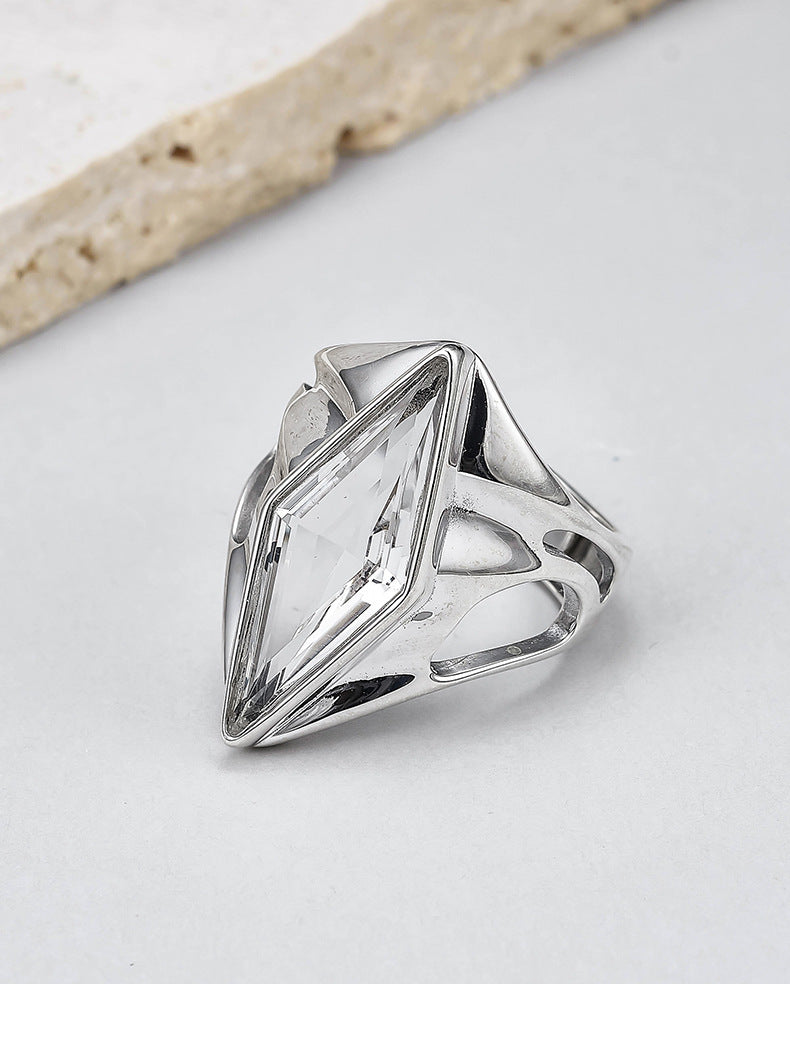 Minimalist Statement Ring - Adjustable Openwork 925 Silver with Quartz - A Modern Unisex Heirloom