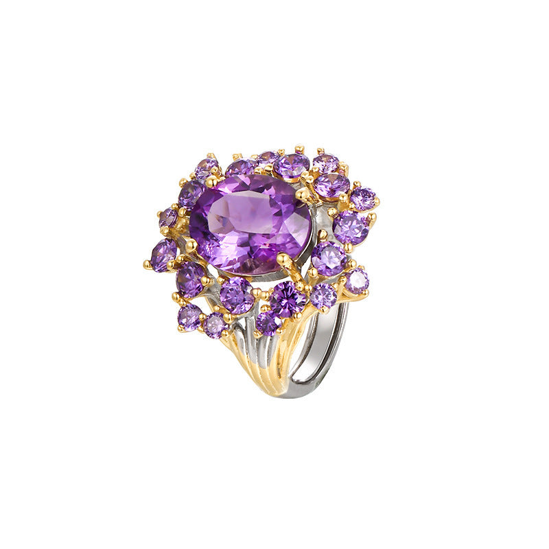 Secret Garden Amethyst Flower Ring - 925 Silver Full Diamond - Light Luxury Opening Ring