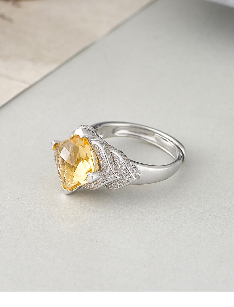 Diamond-Cut Citrine Geometric Ring - Bezel Set in a Fully Adorned 925 Silver Adjustable Band