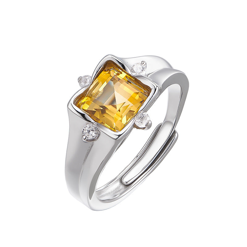S925 silver natural crystal square ring fashionable versatile niche design adjustable index finger ring women