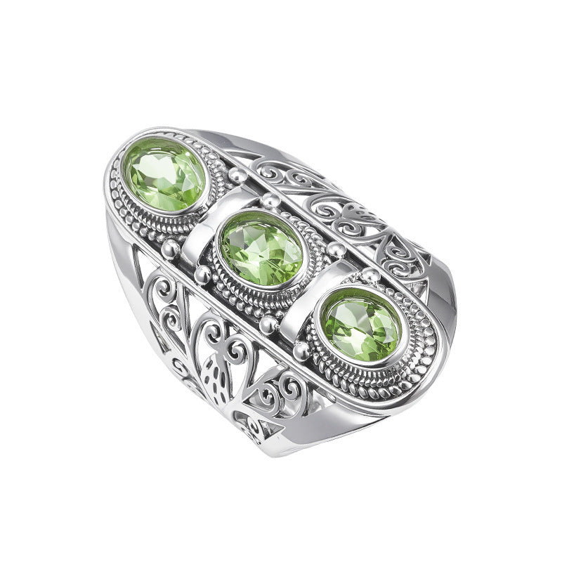 925 Sterling Silver Hollow Citrine & Peridot Adjustable Ring - Vintage Court Style