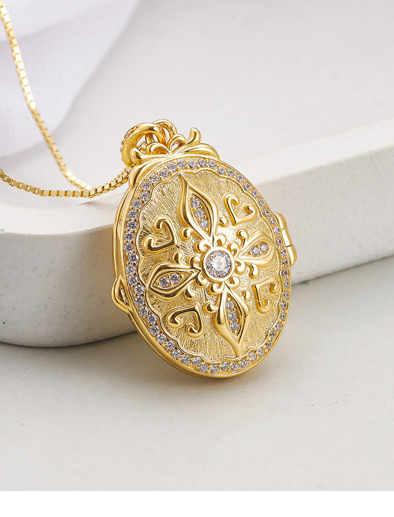 S925 silver pattern oval photo box heart-shaped couple necklace niche texture pendant can be opened for photos