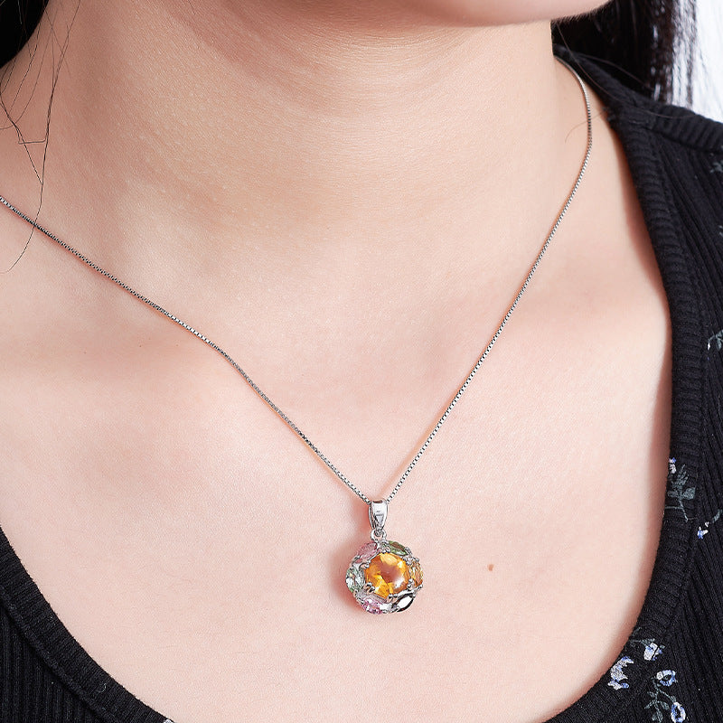 925 Sterling Silver Rainbow Tourmaline Flower Pendant Necklace