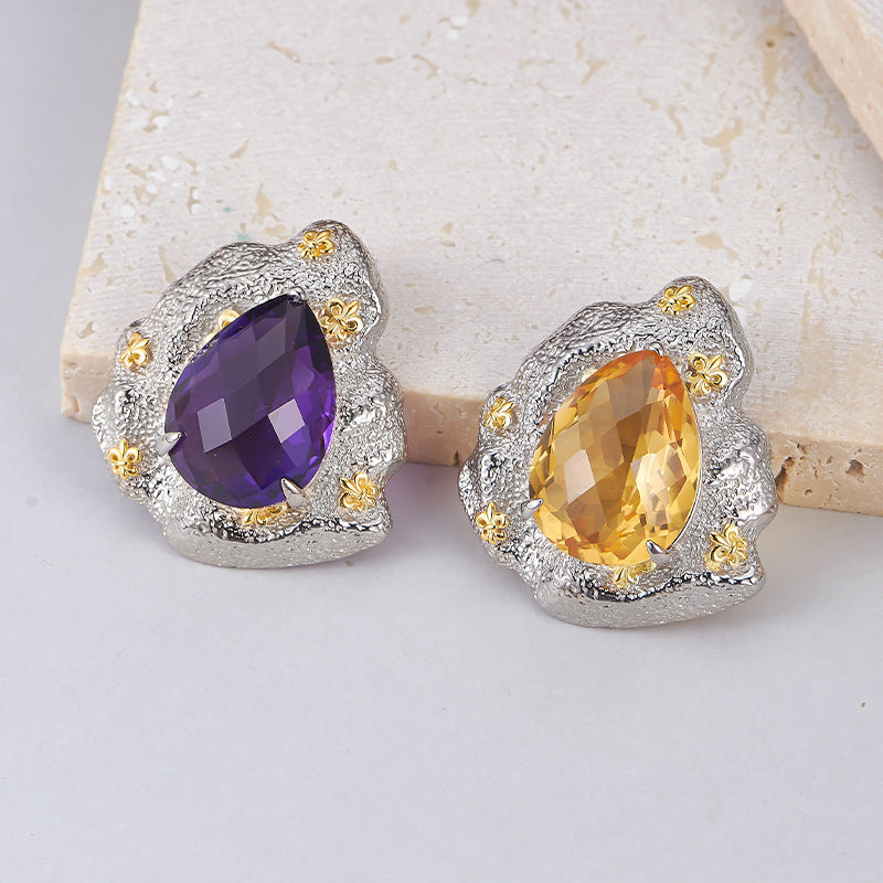 925 Sterling Silver Amethyst Flower Stud Earrings - Vintage Court Style