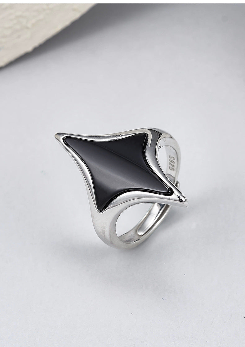 Rhombus Black Agate Ring - 925 Silver Cold Sweet Cool - Geometric Opening Couple Ring