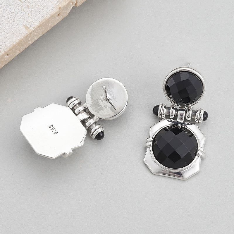 Faceted Onyx Stud Earrings - Solid 925 Silver Setting