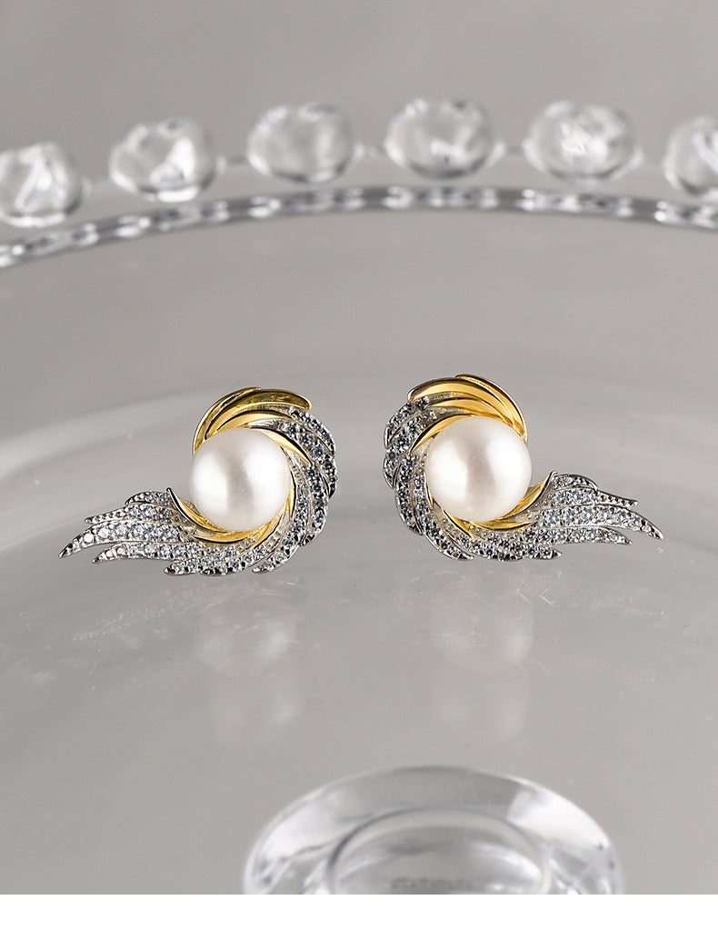 925 Sterling Silver Angel Wing Pearl Stud Earrings - French Vintage Design