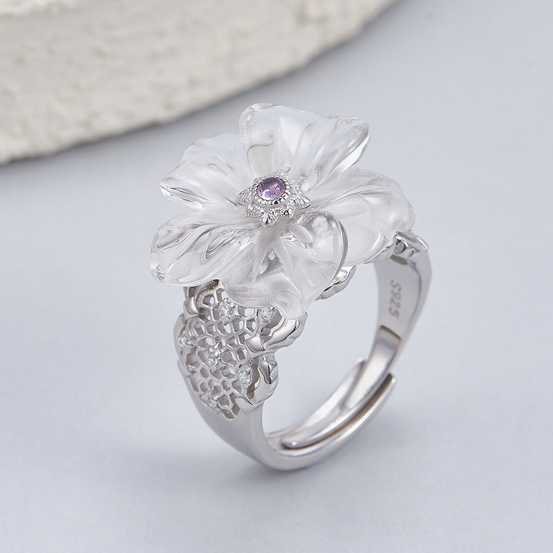 Hollow Lace Crystal Flower Ring - 925 Silver Temperament - Versatile High-End Design