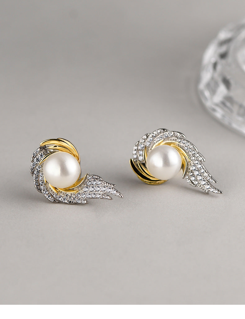 925 Sterling Silver Angel Wing Pearl Stud Earrings - French Vintage Design