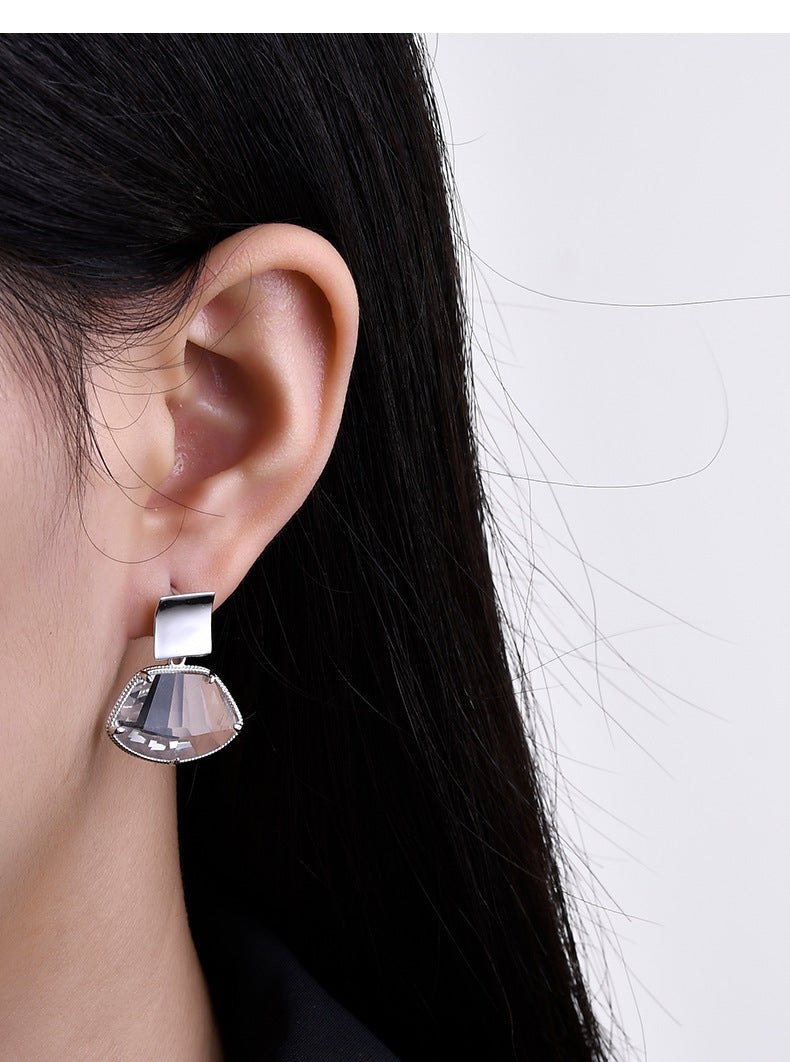 Fan-Shaped White Quartz Stud Earrings - 925 Sterling Silver Bezel Set Minimalist Design