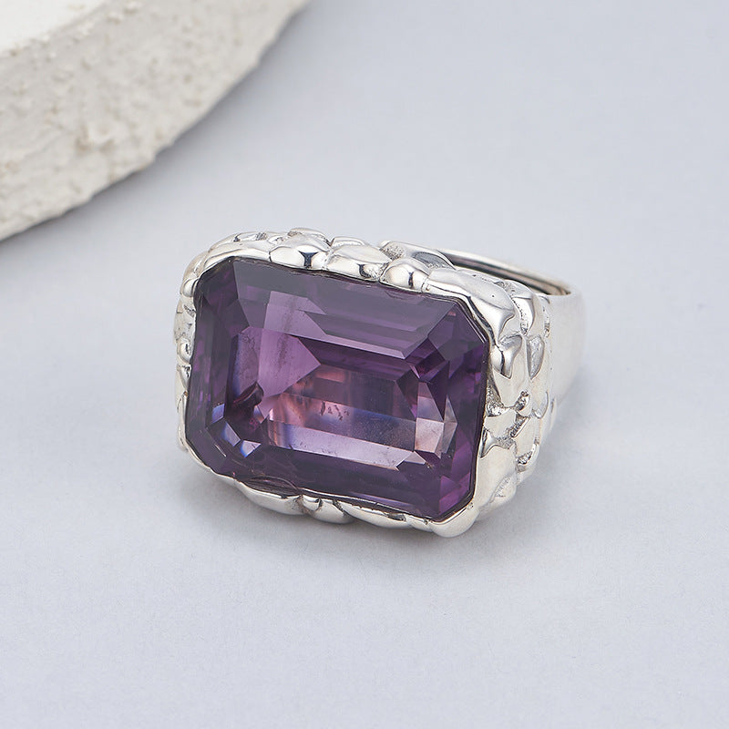 Bold Amethyst Statement Ring | 925 Sterling Silver | Textured Square Cocktail Ring
