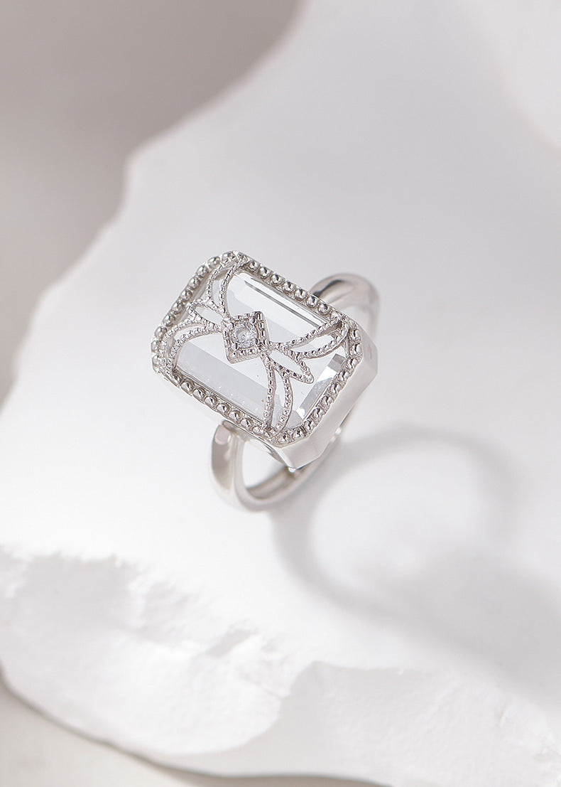 Square Wrapped Quartz Ring - 925 Sterling Silver Wire-Wrapped Adjustable Band