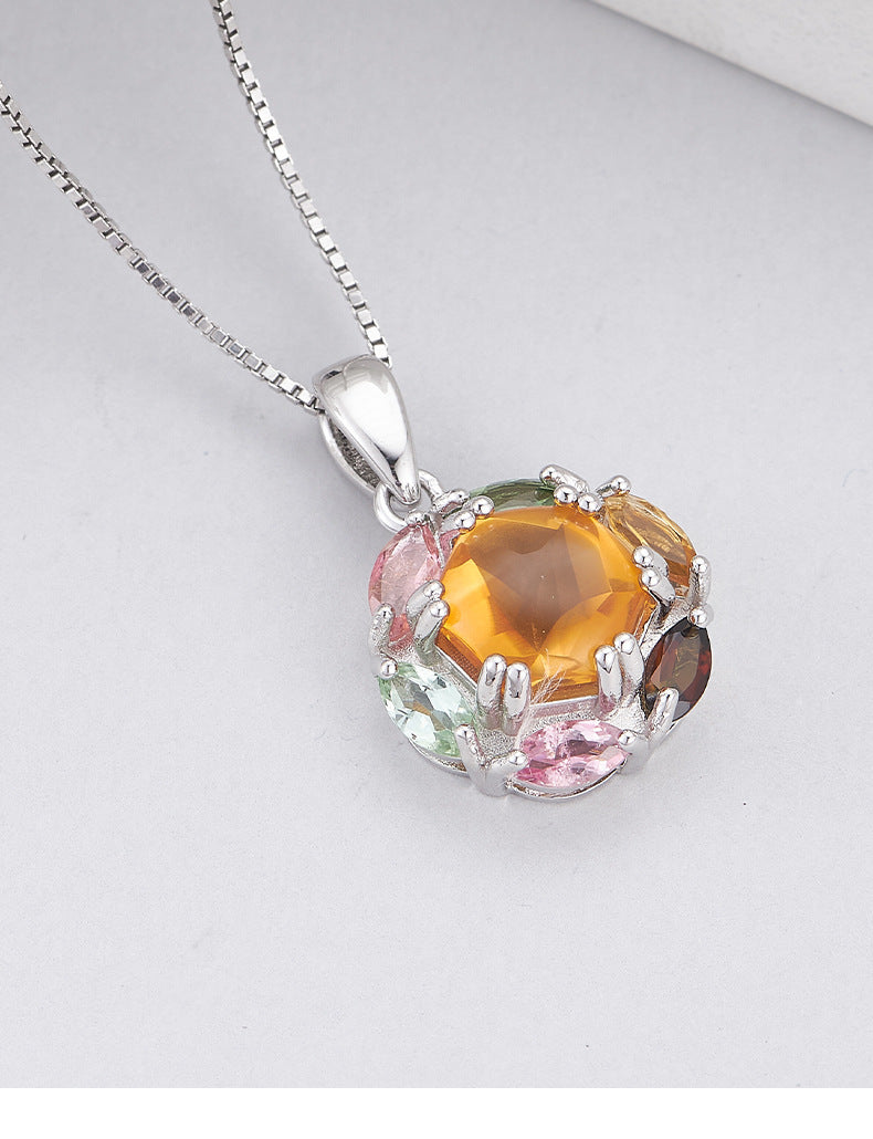 925 Sterling Silver Rainbow Tourmaline Flower Pendant Necklace