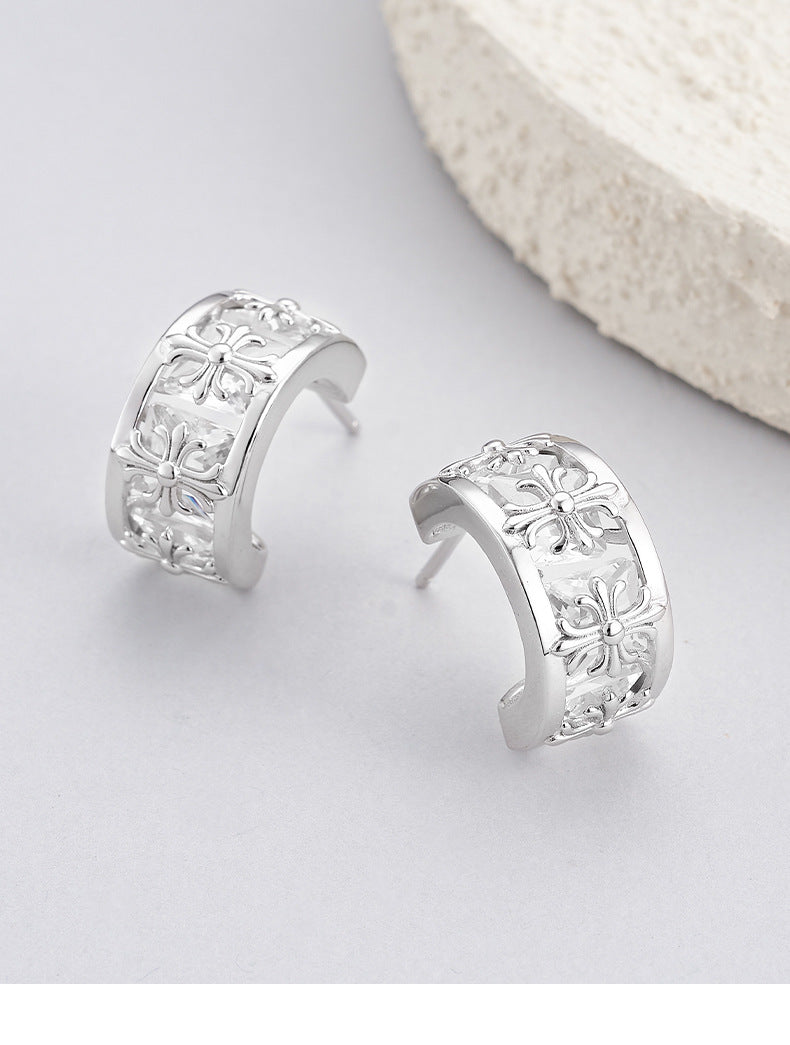 925 Sterling Silver Cross Pattern C-Shape Crystal Stud Earrings
