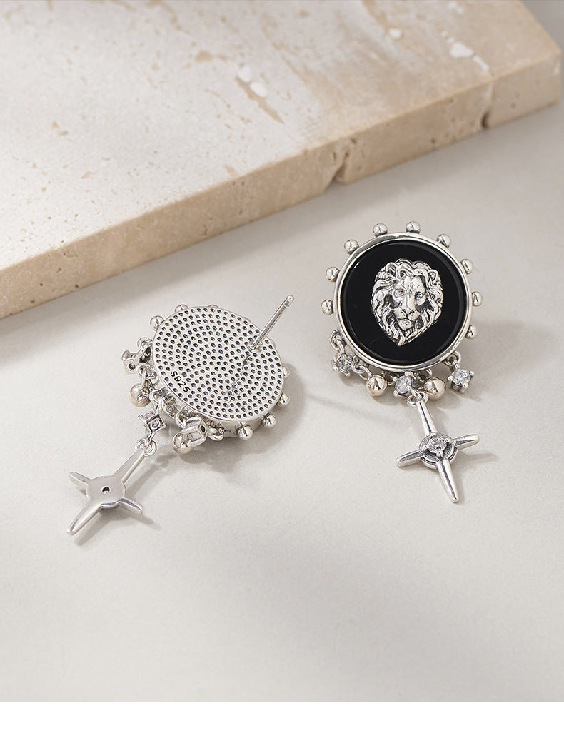 925 Sterling Silver Lion Head Black Onyx Tassel Earrings - Unisex