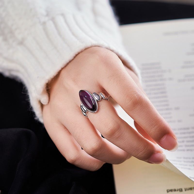 Geometric Natural Amethyst Ring - 925 Silver Cold Wind - Light Luxury Versatile Design