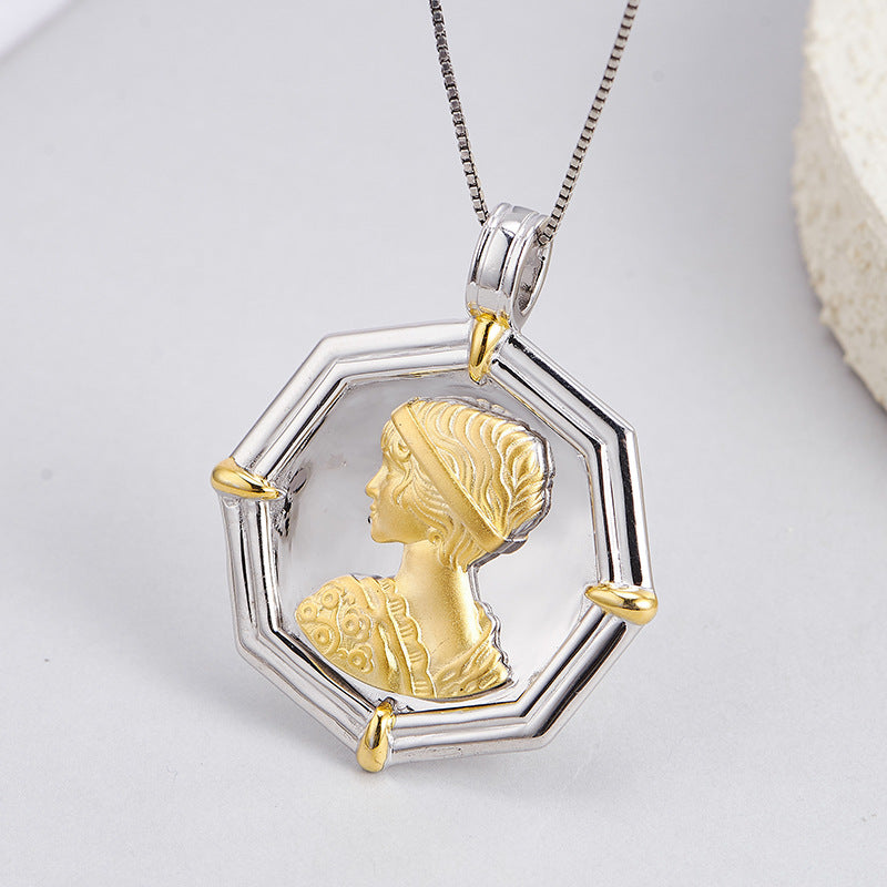 Amethyst Portrait Pendant | 925 Sterling Silver | Retro Relief Necklace