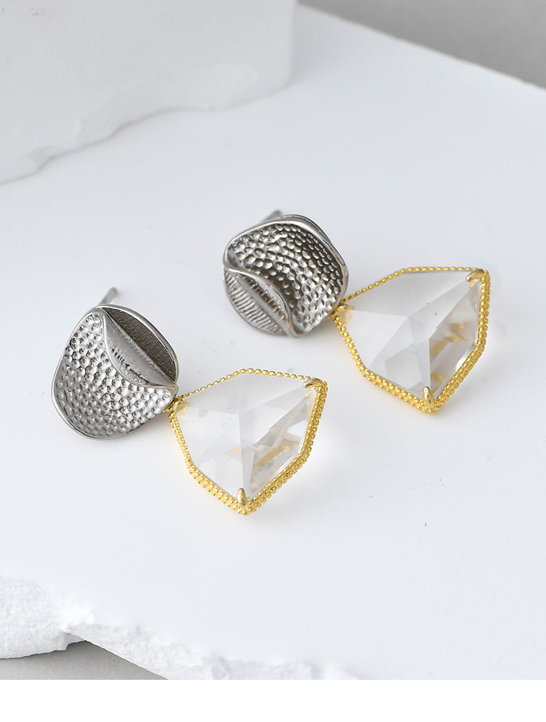 925 Sterling Silver Geometric Crystal Stud Earrings - French Gold Edge Design