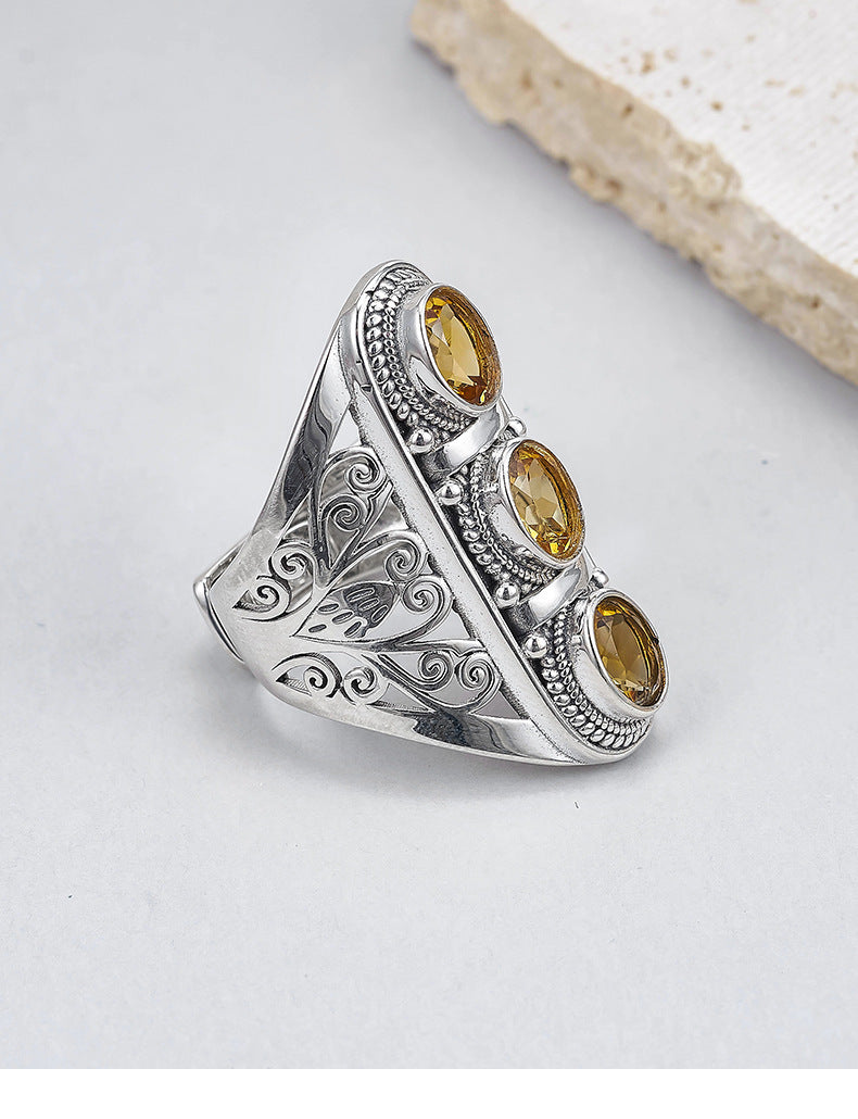 925 Sterling Silver Hollow Citrine & Peridot Adjustable Ring - Vintage Court Style
