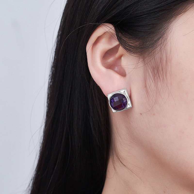 925 Sterling Silver Faceted Amethyst Geometric Hoop Earrings Set