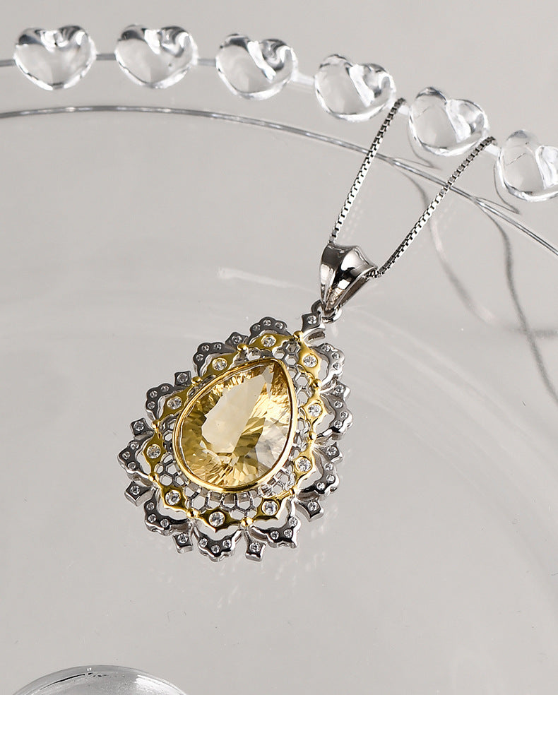 925 Sterling Silver Italian Lace Citrine Teardrop Pendant Necklace - Vintage Court Style