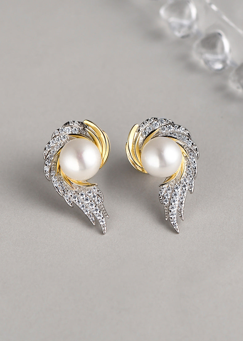 925 Sterling Silver Angel Wing Pearl Stud Earrings - French Vintage Design