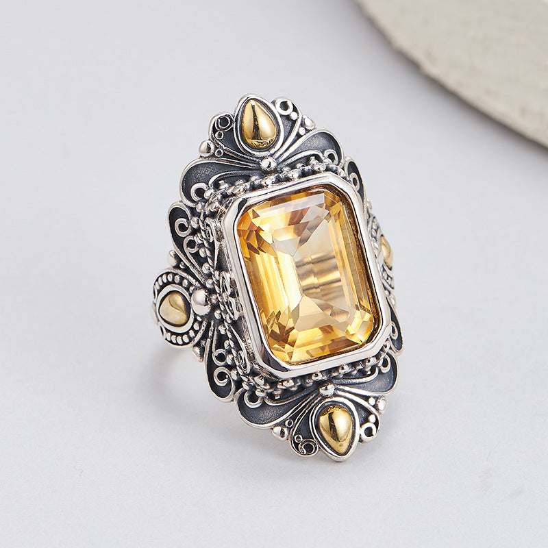 Retro Rhombus Citrine Ring - 925 Silver Copper Inlaid - Nepalese Niche Design
