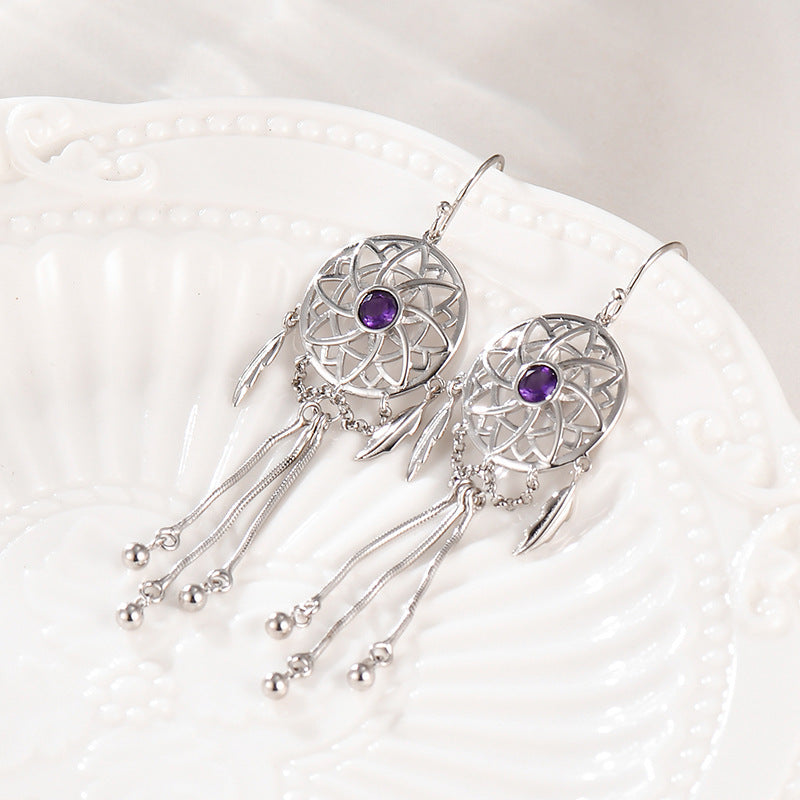 925 Sterling Silver Dreamcatcher Tassel Dangle Earrings - Bohemian Design