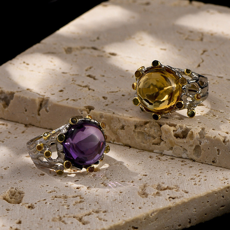 925 Sterling Silver Italian Hollow Amethyst Cabochon Adjustable Ring - Court Style