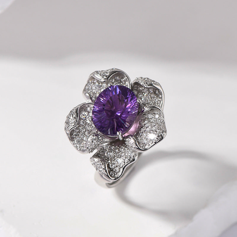 925 Sterling Silver Amethyst Flower Ring - Vintage Design