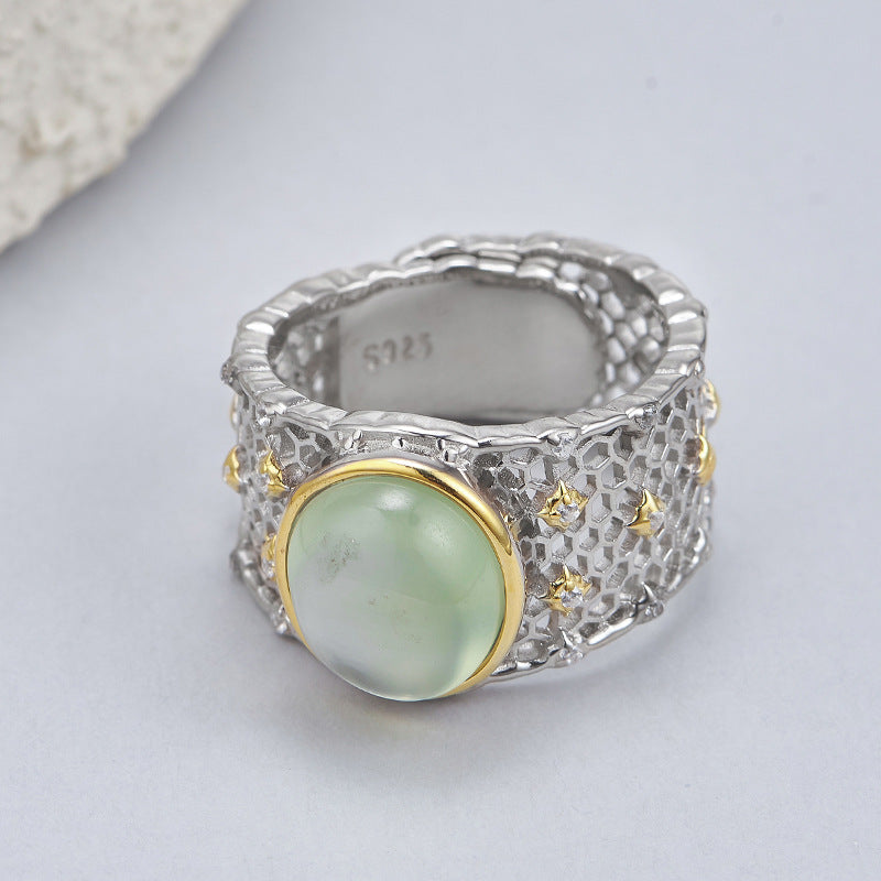 Hollow Lace Grape Stone Ring - 925 Silver Wide Band - Retro Geometric Design