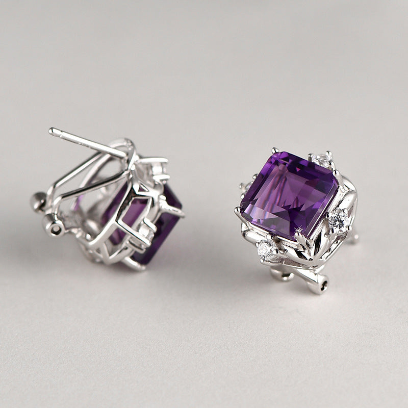 Square Amethyst Stud Earrings - 925 Sterling Silver Minimalist Cube Design