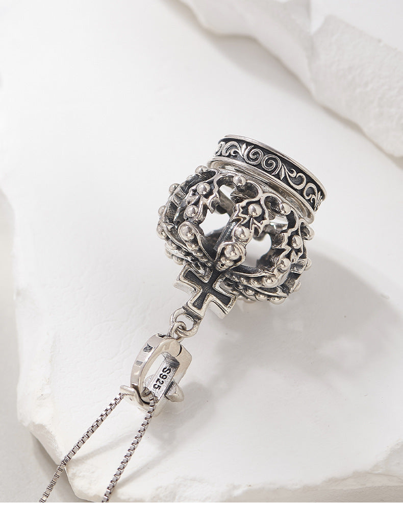 S925 Silver Cross Crown Pendant Niche Design Couple Sweater Necklace Men