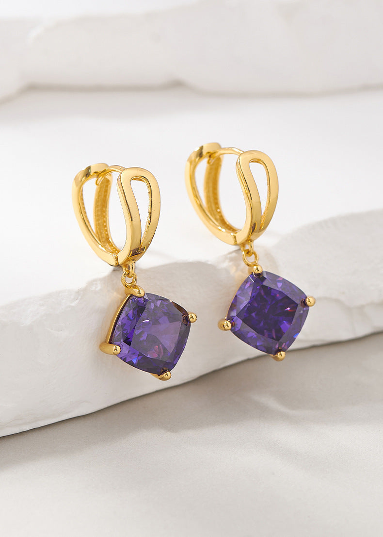 925 Sterling Silver Gold Plated Geometric Purple Stone Dangle Earrings - French Vintage