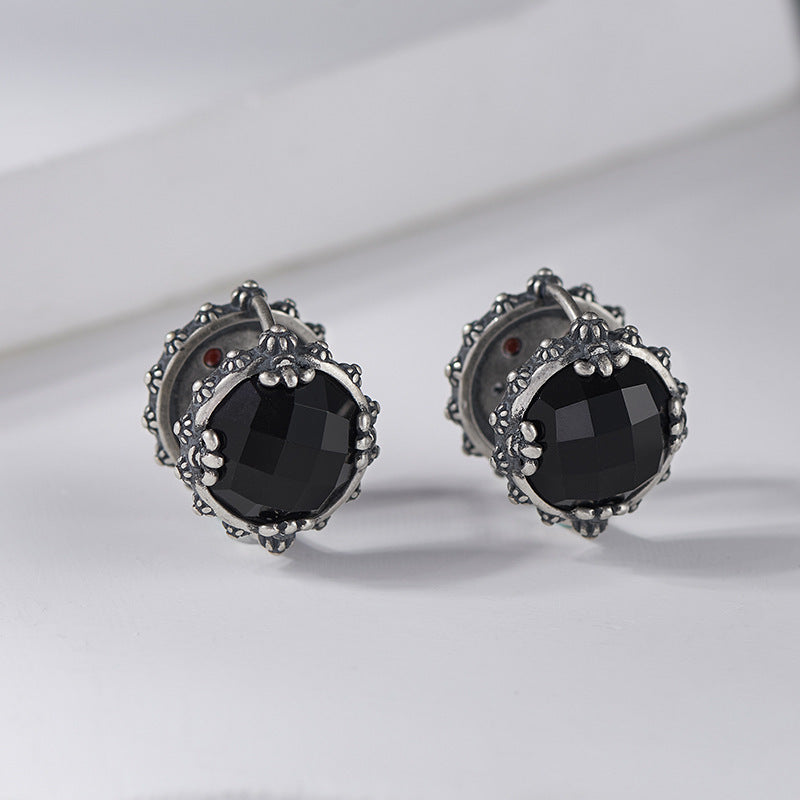 Geometric Onyx Earrings - Polished Sterling Silver Settings