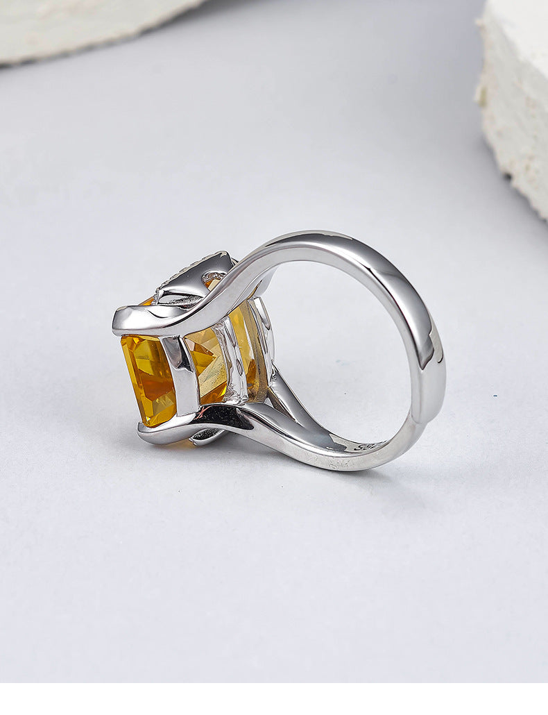 S925 Silver Delicate Fashion Cut Citrine Geometric Open Ring Simple Versatile Temperament Square Index Finger Ring Women