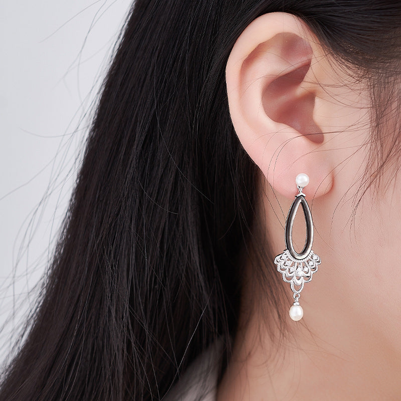 Teardrop Pearl Earrings - 925 Sterling Silver Openwork Long Drop with Black Shell