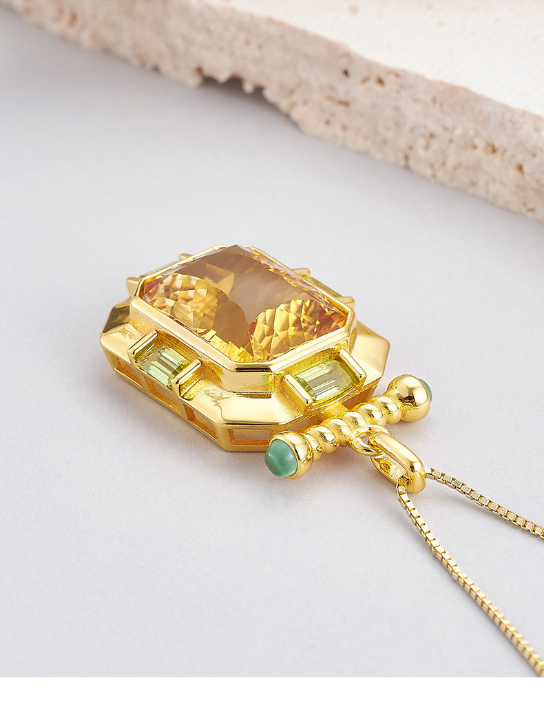 925 Sterling Silver Gold Plated Square Citrine Pendant Necklace