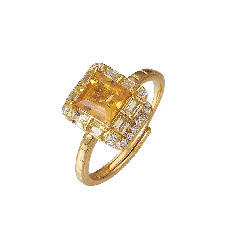 Square Citrine Ring - 925 Silver Super Flash - Niche Design Opening Index Finger Ring