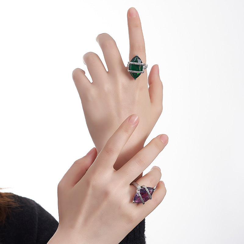 925 Sterling Silver Geometric Amethyst Open Ring