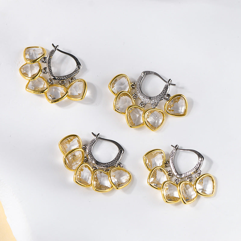 925 Sterling Silver White Crystal Cluster Dangle Earrings - French Design