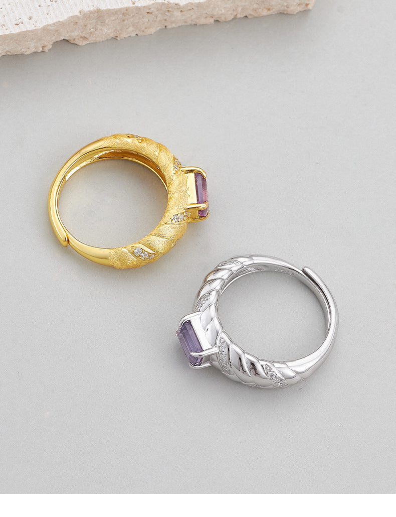925 Sterling Silver Gold Plated Textured Amethyst Ring - Vintage Design