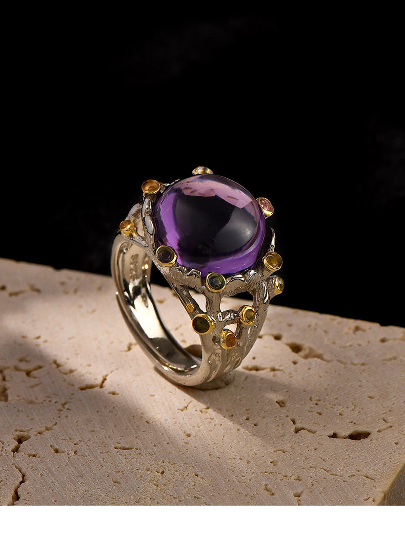 925 Sterling Silver Italian Hollow Amethyst Cabochon Adjustable Ring - Court Style