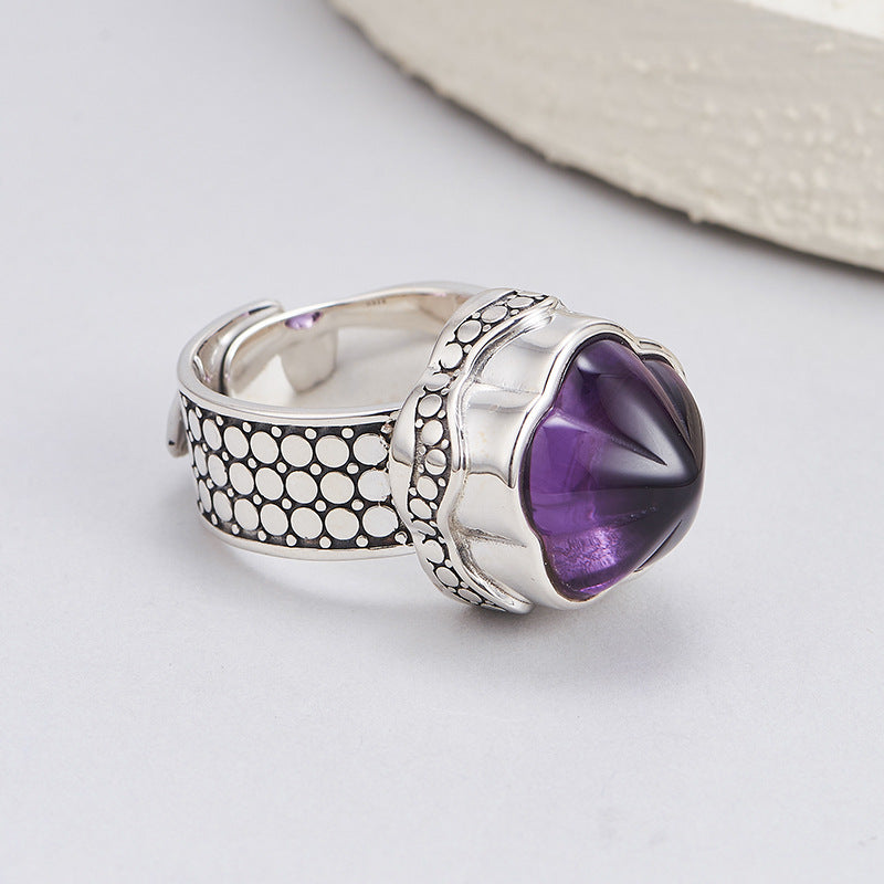 S925 silver natural amethyst plum blossom wide version ring retro niche design tea crystal index finger ring women
