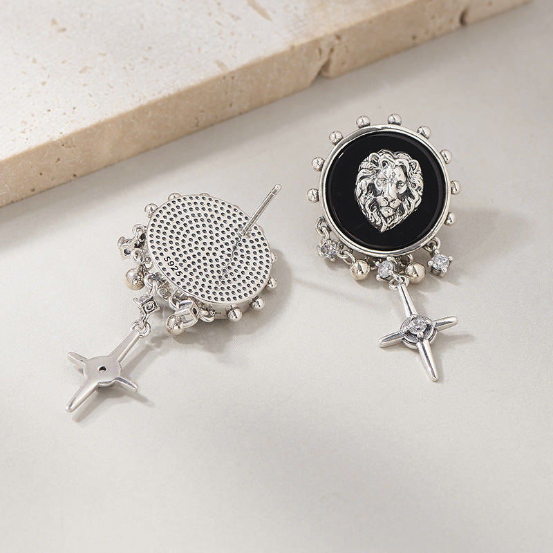 925 Sterling Silver Lion Head Black Onyx Tassel Earrings - Unisex