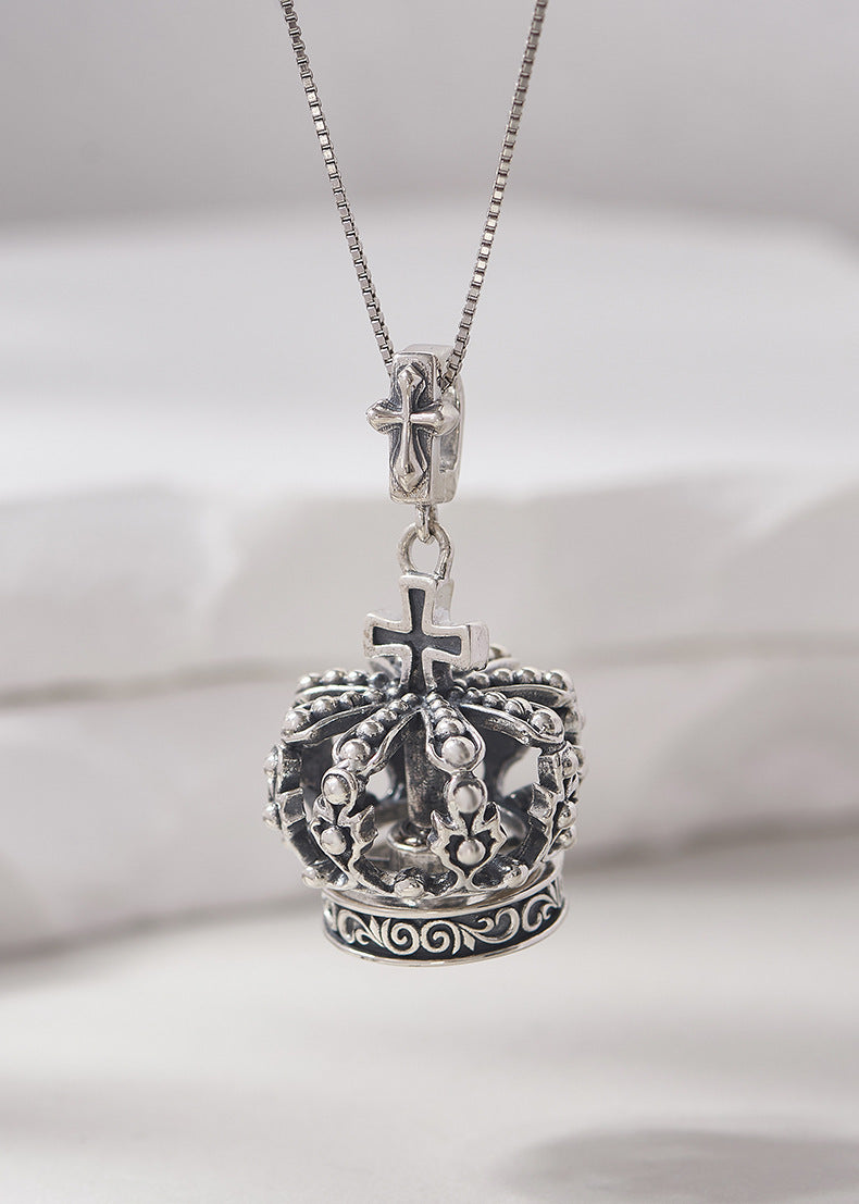 S925 Silver Cross Crown Pendant Niche Design Couple Sweater Necklace Men