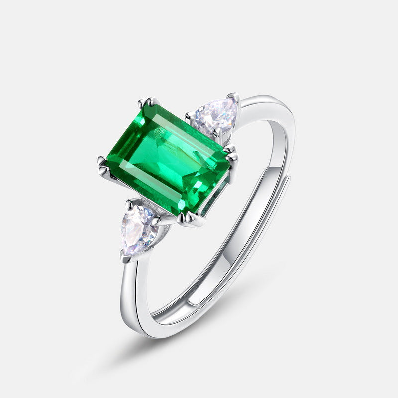 S925 Sterling Silver Princess Square Cultivated Emerald Ring