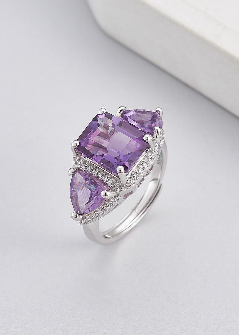 Light luxury niche design geometric ring s925 silver amethyst square fashion temperament versatile open index finger ring