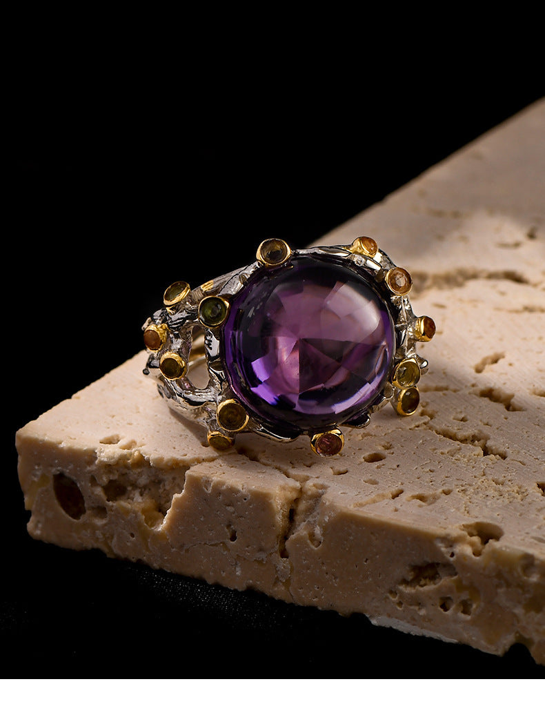 925 Sterling Silver Italian Hollow Amethyst Cabochon Adjustable Ring - Court Style